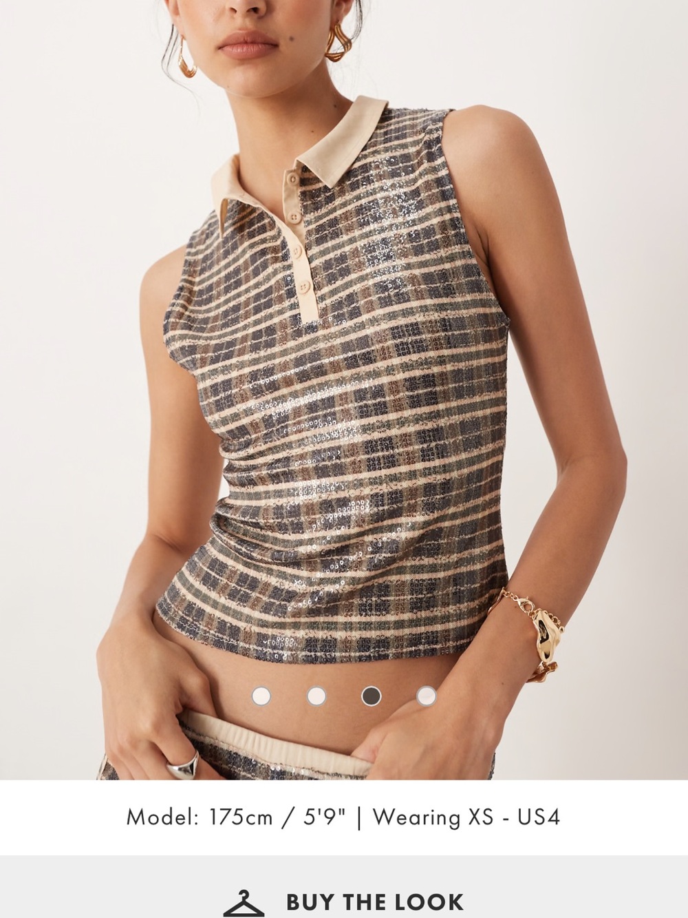 ASOS Plaid Sequin Sleeveless Polo Tank in Beige and Brown